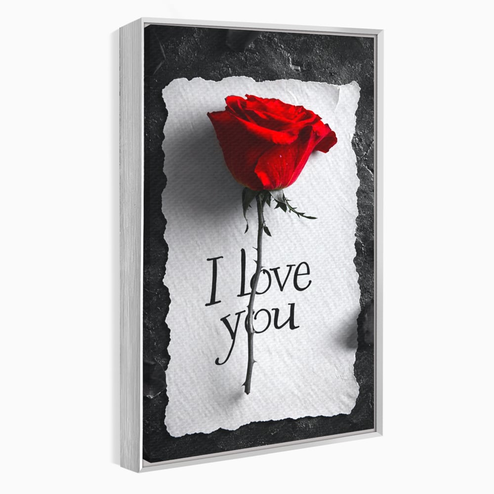 Tablou canvas cu tablou vertical cu trandafir rosu si mesaj, in rama de aluminiu argintiu